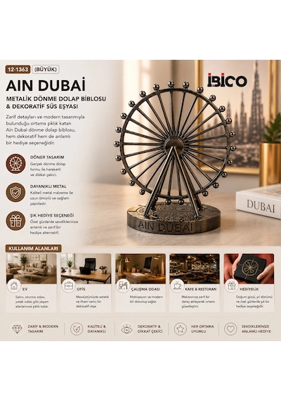 Büyük Aın Dubai Metalik Dönme Dolap Biblosu - Dekoratif Süs Eşyası Krom - Bakır 5047 Belirtilmemiş