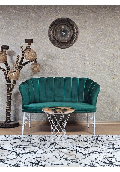 Zafir İkili Beyaz Boyalı Tel Ayak Papatya Çay Seti Koltuk Takımı , Balkon, Salon, Ofis, Cafe Koltuk Takımı Yeşil