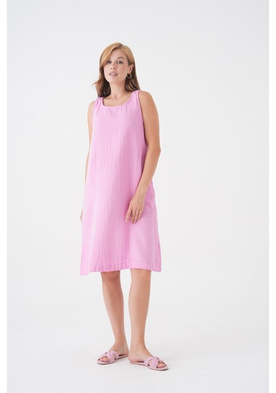 Mg Otantik %100 Pamuk Müslin Kumaş Sıfır Kol Kısa Elbise -mg003 Pembe