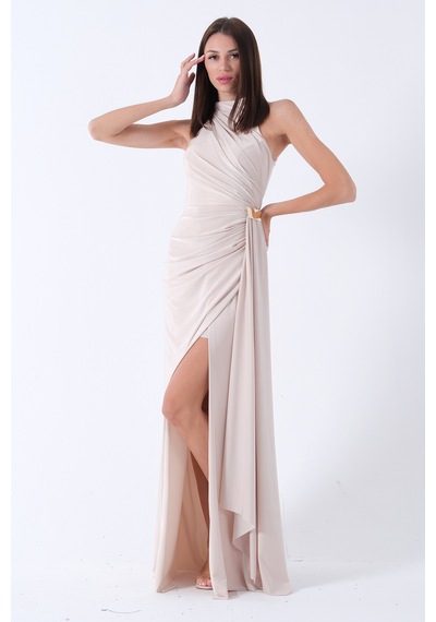 Feminist Bej Halter Yaka Drapeli Beli Gold Toka Detaylı Straplez Abiye 9705862