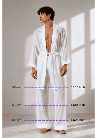 Qmen Style Erkek Şifon Kimono- Pijama - Şort Seti Beyaz