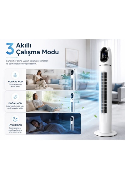 Kule Tipi Vantilatör 45 İnç, Uzaktan Kumandalı, 3 Hız Kademeli, 3 Modlu Normal/doğal/uyku , Salınımlı, Dokunmatik Kontrollü, 24 Saat Zamanlayıcılı, Beyaz