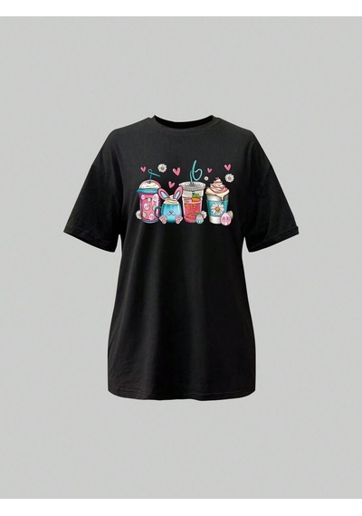 İçecekler T-shirt - Siyah Baskılı Oversize Bisiklet Yaka Kısa Kol Tişört Siyah