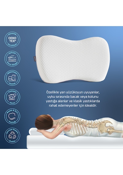 Curvesleep Ergonomik Visco Uyku Yastığı, Karın Üstü, Yarı Yüzüstü Ve Yan Uyku İçin Ortopedik Destek, 60x38x11cm Beyaz