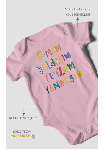 Annem Yoldaşım Teyzem Yandaşım Baskılı Bebek Zıbını Çıtçıtlı Body %100 Pamuk Kısa Kol Koyu Pembe
