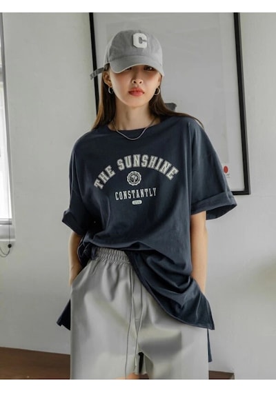 Flood Of Style Kadın Lacivert The Sunshine Baskılı Bisiklet Yaka Oversize T-shirt Mavi