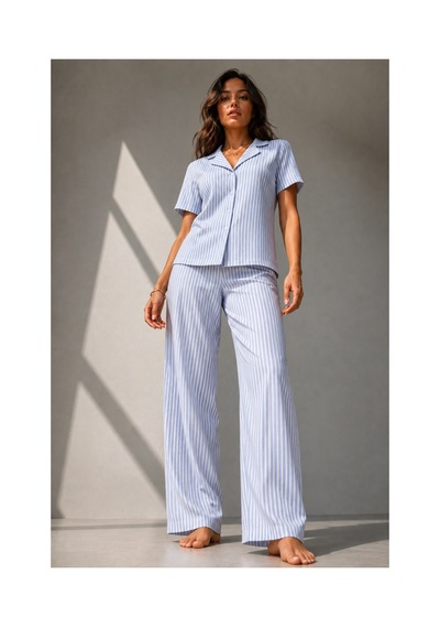 Fit Women Kadın Klasik Doğal Düğme Gece Mavi Pijama Takımı