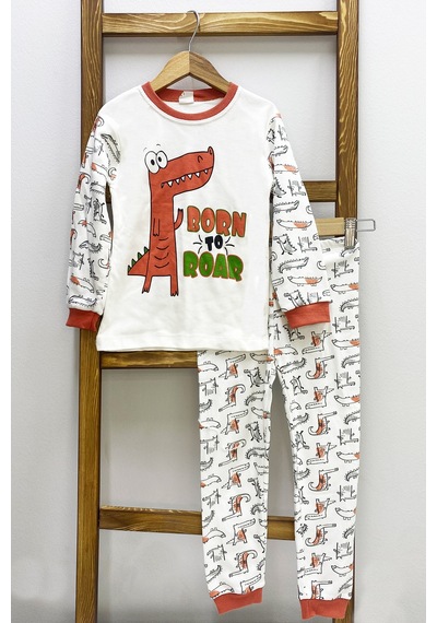 Hçm Erkek Çocuk Pijama Takımı Dinozor Baskılı Bisiklet Yaka C65 Kiremit