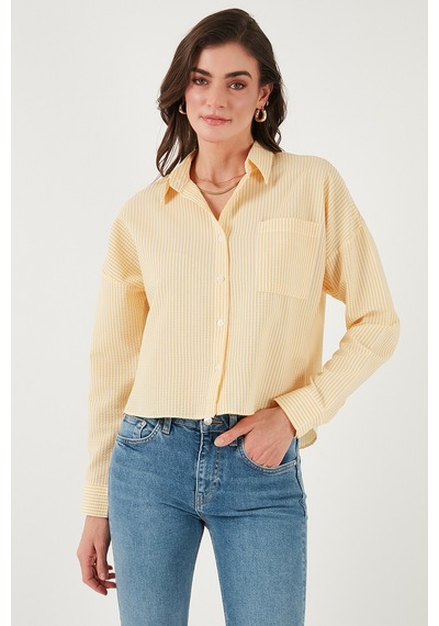 Lela Regular Fit Çizgili Göğüs Cepli Dokulu Bayan Gömlek 6772870 Sarı