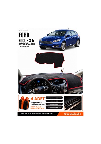 Ford Focus 3.5 Hatchback 2014-2018 Uyumlu Torpido Örtüsü, Torpido Kılıfı - Siyah-kırmızı - Fo012