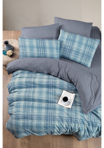Mystory Home Lastikli Çarşaflı Çift Kişilik Nevresim Takımı Ekose Indigo