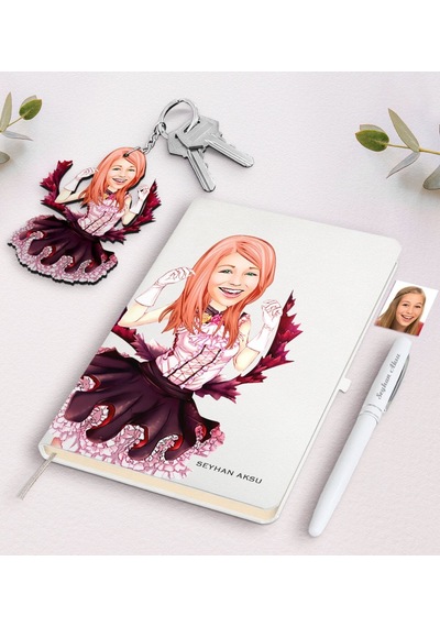 Kişiye Özel Kadın Soyut Karikatürlü Beyaz Defter Kalem Ve Anahtarlık Hediye Seti-14