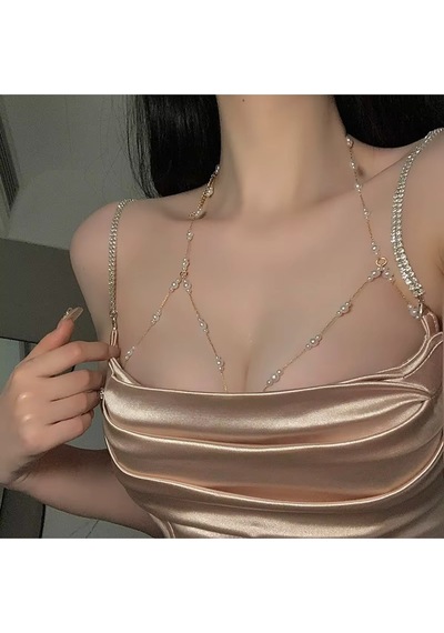 Gilda Kadın Inci Taşlı Vücut Zinciri - Göğüs Vücut Aksesuarı Gold