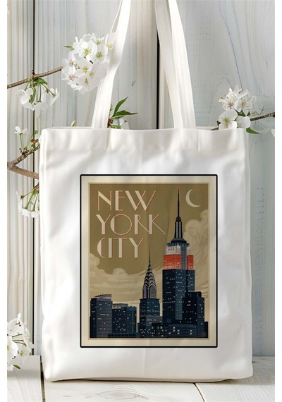 Art Hediye Newyork City Baskılı Bez Çanta Omuz Çantası Kişiye Özel Desen 2 Çok Renkli