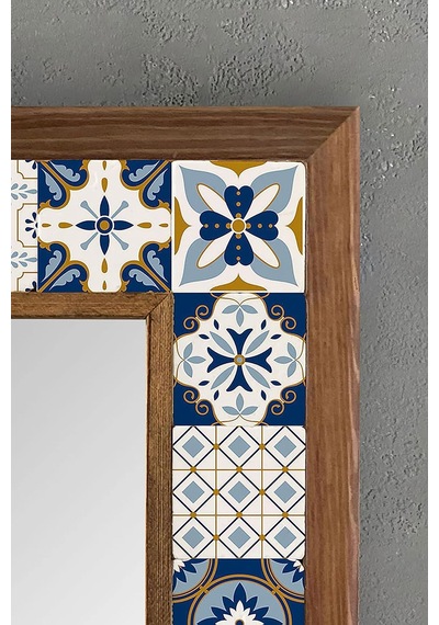 Oscar Stone Decor Masif Ahşap Çerçeveli Mozaik Taş Ayna 33x33 Cm Mavi Sarı Makyaj Aynası Çok Renkli