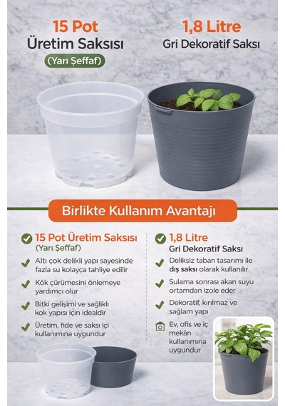 2 Li Saksı Seti 15 Pot Yarı Şeffaf Üretim Saksısı + 1,8 L Gri Dekoratif Kırılmaz Dış Saksı