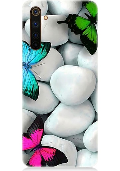 Realme 6 Pro Uyumlu Silikon Kılıf Mavi Yeşil Pembe Kelebekler Ve Beyaz Taşlar
