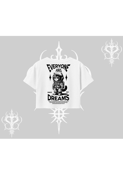 Startmore Startmore Everyone Has Dreams Yazılı Astronot Kedi Arka Baskılı Oversize Crop Tshirt Beyaz