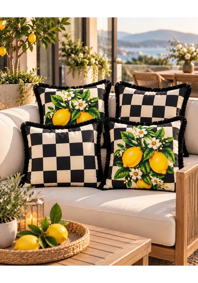 Damalı Limon Desenli 4 Lü Saçaklı Kırlent Kılıfı 45 x 45