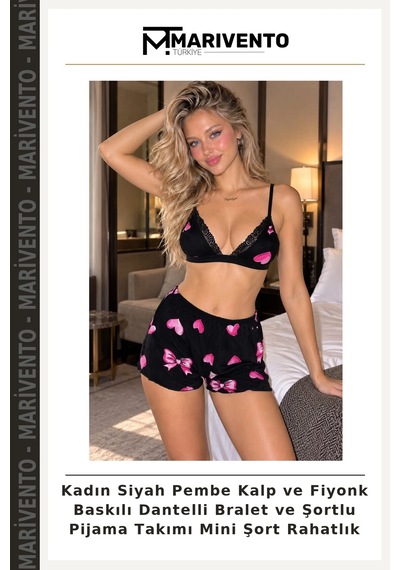 Marivento Kadın Siyah Pembe Kalp Ve Fiyonk Baskılı Dantelli Bralet Ve Şortlu Pijama Takımı Mini Şort Rahatlık Siyah - Pembe