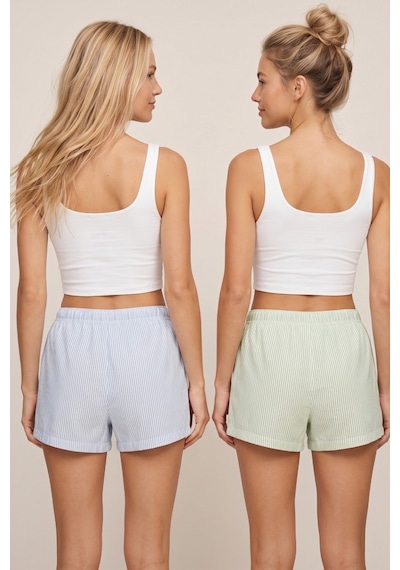 Siyah İnci 2'li Mevsimlik İnce Örme Şortlu Pijama Altı 8064 Mavi Yeşil Çizgi