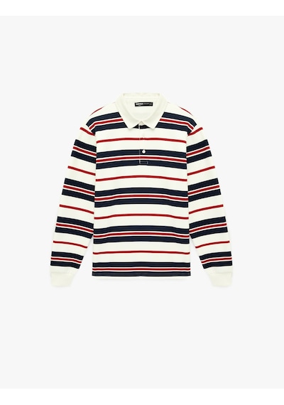 Koton Uzun Kollu Üç İplik Şardonlu Çizgili Düğmeli Polo Yaka Sweatshirt Kırmızı Çizgili 6sam70074mk