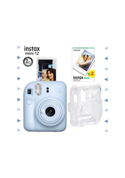 Fujifilm Instax Mini 12 Fotoğraf Makinesi + 20'li Film + Şeffaf Kılıf Seti Mavi