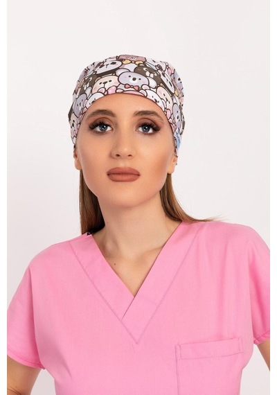 Unisex Kahve Ayıcık Desenli Dijital Baskı Likralı Doktor Hemşire Cerrahi Bonesi Kahverengi