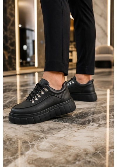 Mevese Duolc Bağcıklı Cilt Erkek Günlük Rahat Taban Sneaker Ayakkabı - Siyah