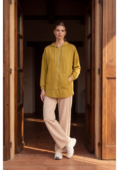 Tommylıfe Koyu Hardal Yumuşak Dokulu Kapüşonlu Oversize Kadın Tunik Sweatshirt - 97302