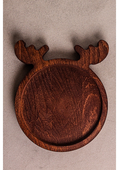 Snippy Deer - Yılbaşı Geyik Desenli Ahşap Çerezlik Sunum Tabağı Sunumluk Servis Tabağı Yuvarlak Ahşap