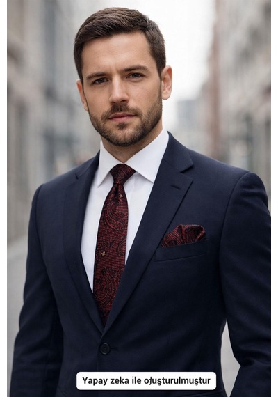 Gaffy Bordo Lacivert Şal Desenli Dokuma Kumaş Mendilli Slim Fit Kravat // Sdk-2604-4 Bordo