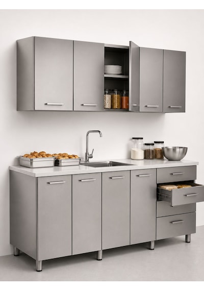 Profesyonel Krom Mutfak Ünitesi Üst & Alt Dolaplı, Lavabolu 250x70x85/65 Çelik
