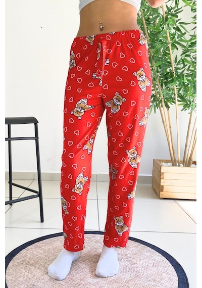Farya Home Dreamy Soft Kadife Dokulu Ayıcık Desenli Süet Pijama Altı Pantolon Kırmızı