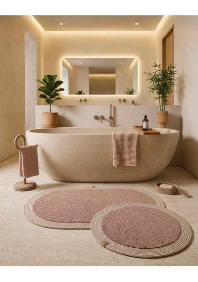 Kaymaz Taban Peluş Banyo Paspası Seti Pudra Rengi Jüt Kenar Detaylı 2'li Oval Yuvarlak 100x60 60x60