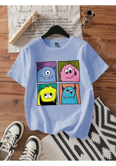 Uyguntarz Unisex Canavarlar Baskılı Tasarım Tshirt Bebe Mavisi