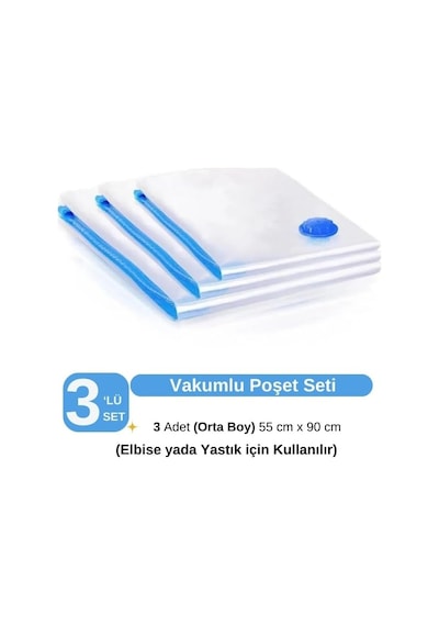 3 Adet Orta Boy 55 Cm X 90 Cm Vakumlu Poşet - Vakumlu Hurç - Vakumlu Torba Şeffaf