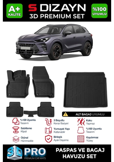 S-dizayn Cupra Terramar 3d Pro Havuzlu Paspas Ve Alt Bagaj Havuzu Seti 2'li Set 2024 Üzeri A+ Kali