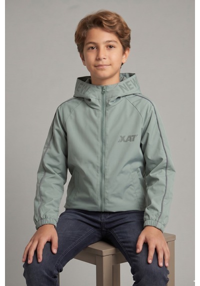 Erkek Çocuk Kapüşonlu Kolları Şeritli Baskılı Bondik Kumaş Mevsimlik Mont Mm5011 Mint