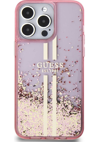 Apple Uyumlu iPhone 15 Pro Max Kılıf Guess Lisanslı Transparan Sıvılı Simli Altın Çizgili Kapak Pembe