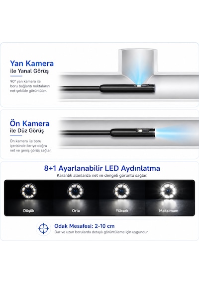 Ultratekno Ult110s 10m Çift Kameralı 1440p Endoskop Yılan Kamera Ip68 8mm Sert Kablo İos Android