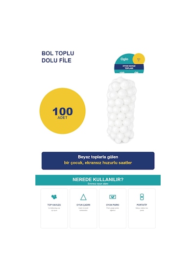 Beyaz Havuz Topu 100 Adet Yumuşak Oyun Havuzu Topları, Filede 1+ Yaş