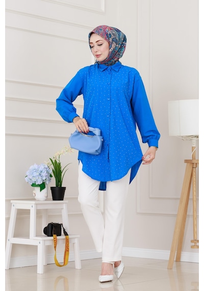Sevitli Göğüsü Taş Detaylı Oversize Tunik-mavi-5228 Mavi