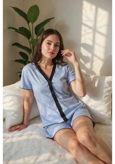 Bella Notte Mavi Pamuklu Düğmeli Şortlu Pijama Takımı