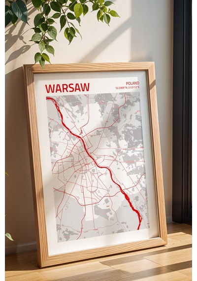 Varşova Polonya Warsaw - Poland Haritası Çerçeveli Tablo Lüks Salon Ofis Duvar Dekorasyon Tablo Kayın