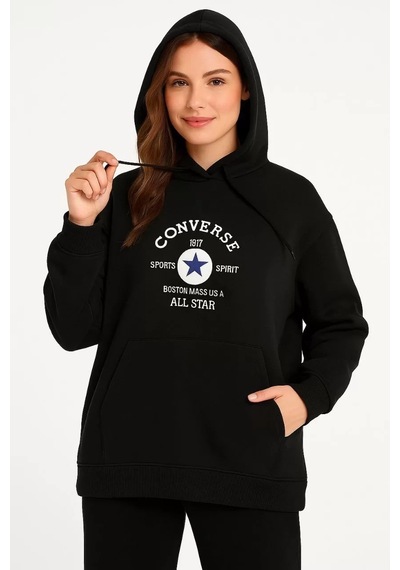 Üç İplik Kapşonlu Ön Ve Arka Baskılı Sweatshirt Hoodie- Siyah Siyah