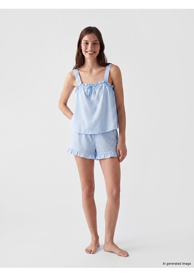 Lcw Dream Ekru Ekose Kadın Şortlu Pijama Takımı