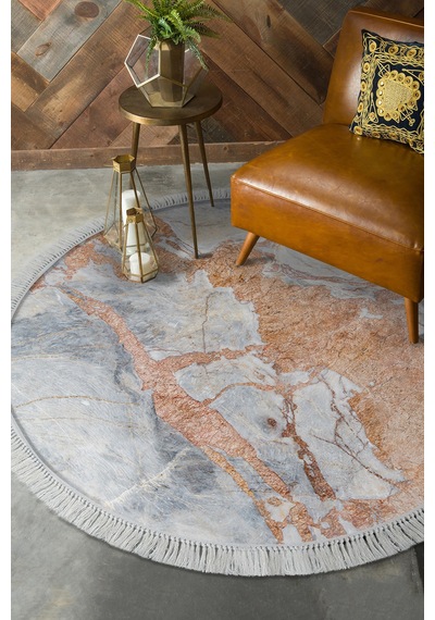 Alanur Home Kaymaz Dijital Mutfak & Salon Halı Trend Saçaklı Yuvarlak Mermer E5034 Mavi