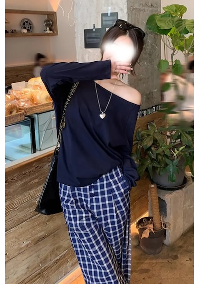 Cool Tarz Lacivert Kadın Düşük Omuz Kayık Yaka Oversize Uzun Kollu T-shirt Lacivert Lacivert