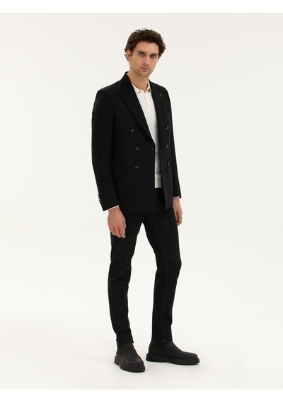 Cacharel Siyah Slim Fit Yün Karışımlı Kruvaze Ceket